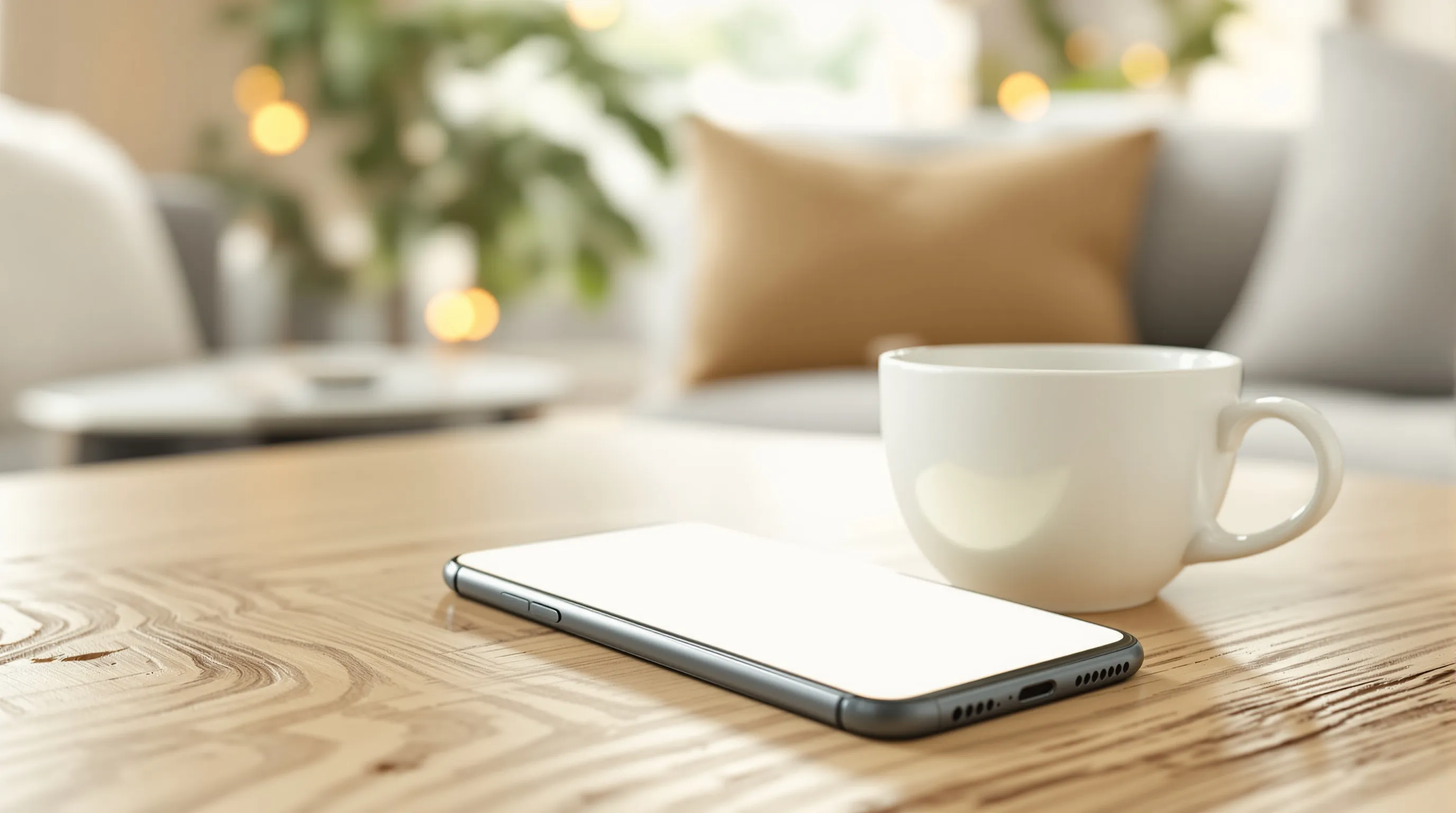 Smartphone on a home desk showing a connected status indicator, representing a bandwidth-sharing app running automatically in the background while the user is away from the device
