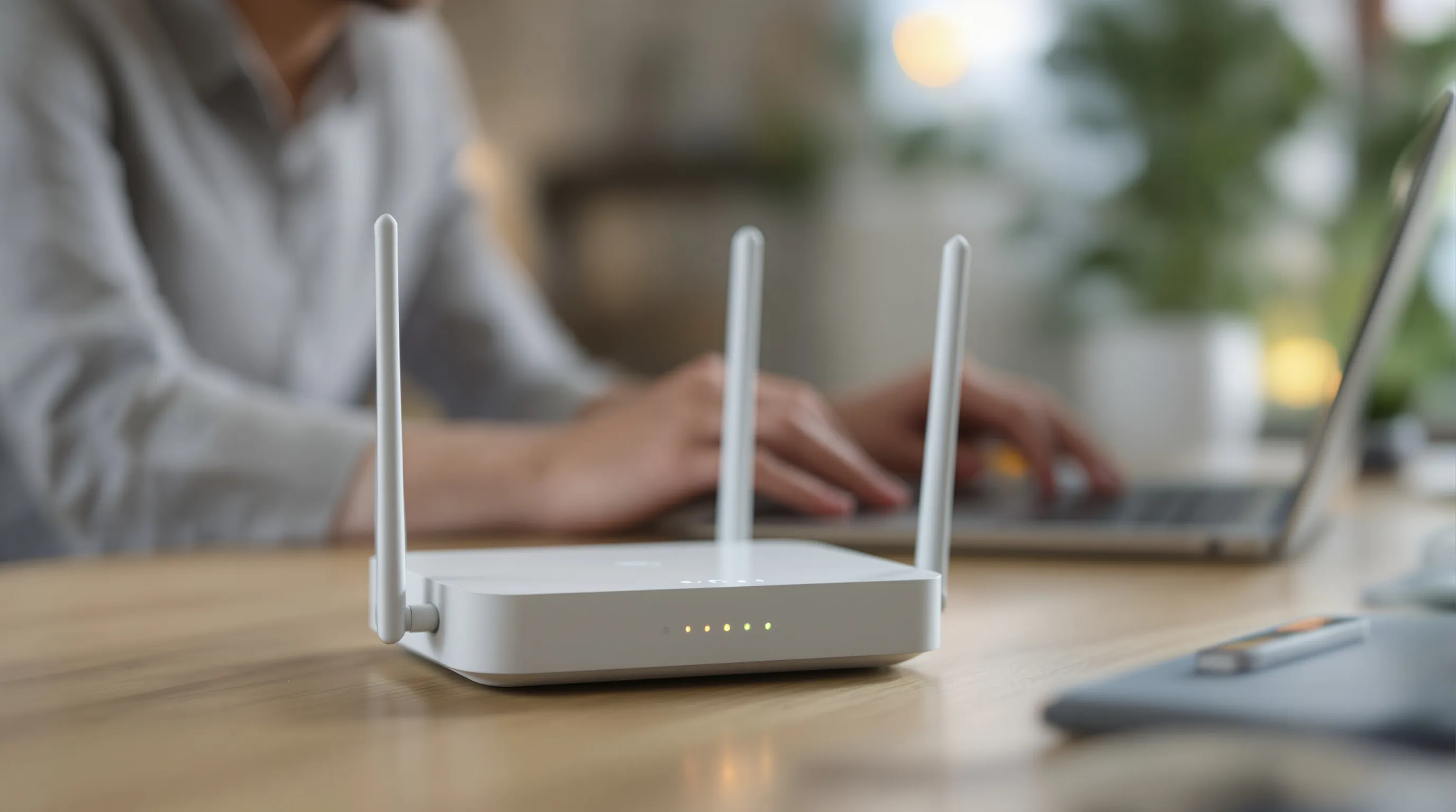 Home wi-fi router with glowing indicator lights next to a laptop showing a green connected network status