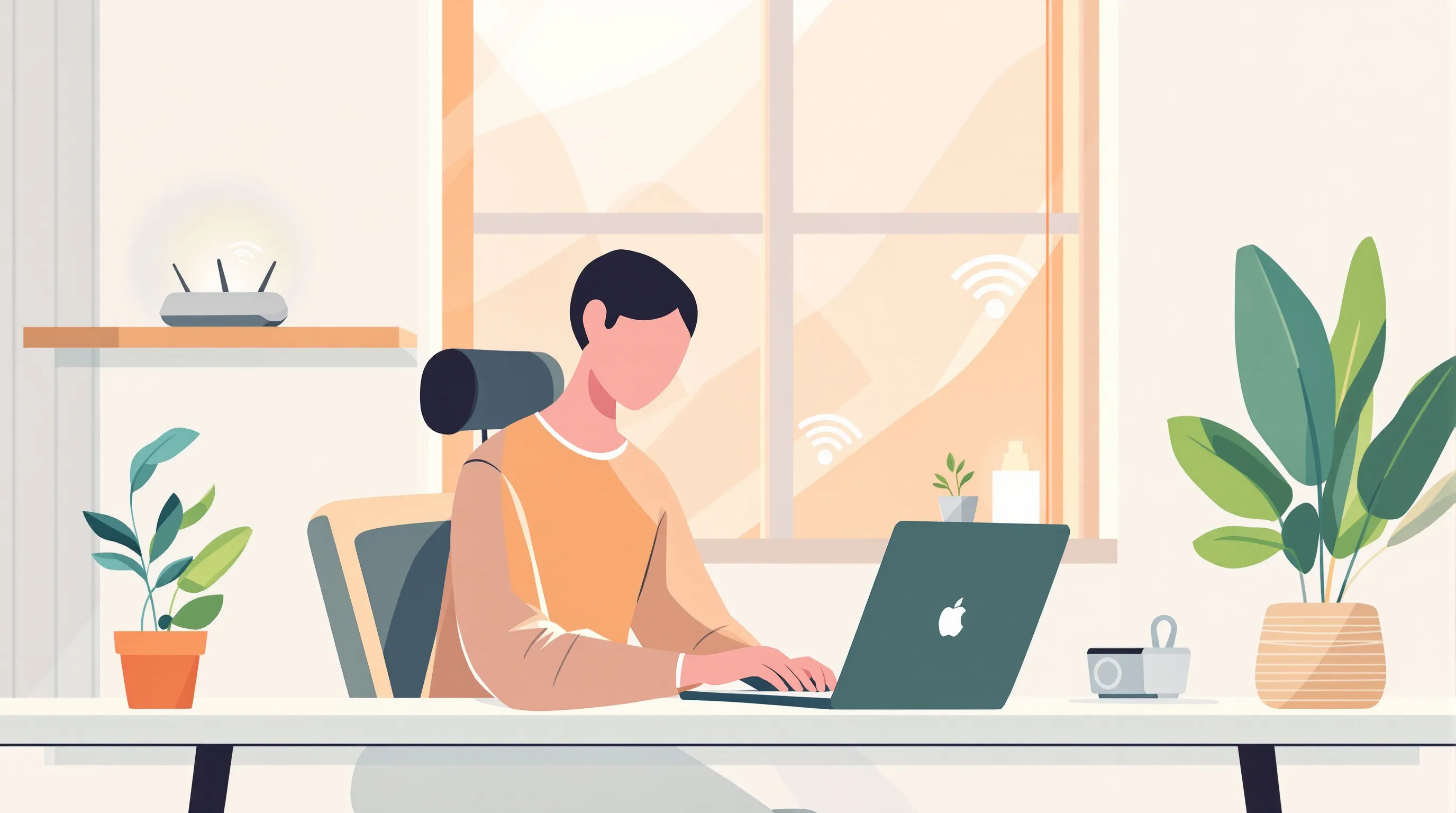Person working at home with a glowing Wi-Fi router in the background, representing background bandwidth sharing running passively
