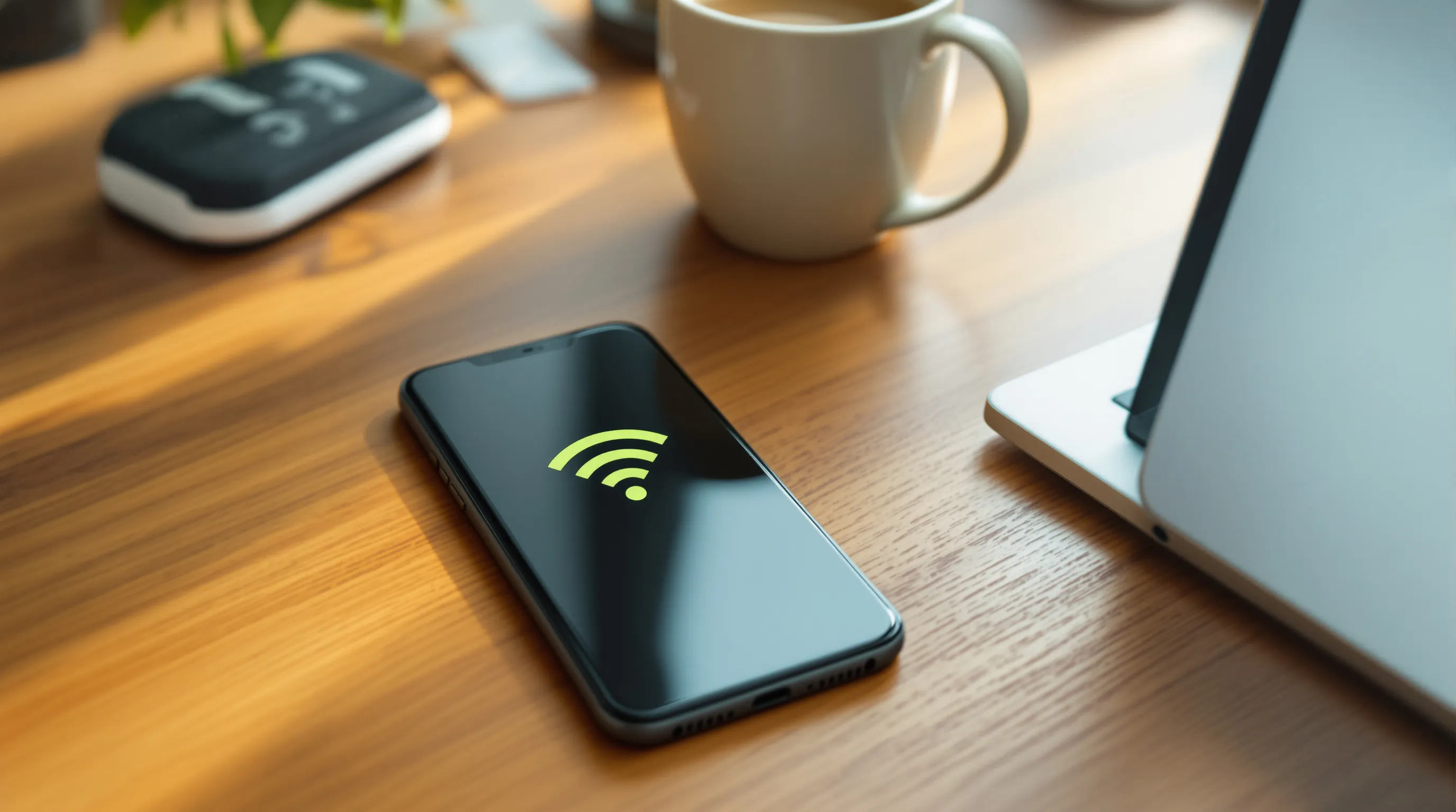 Android smartphone on a coworking desk showing a strong Wi-Fi signal indicator beside an open laptop
