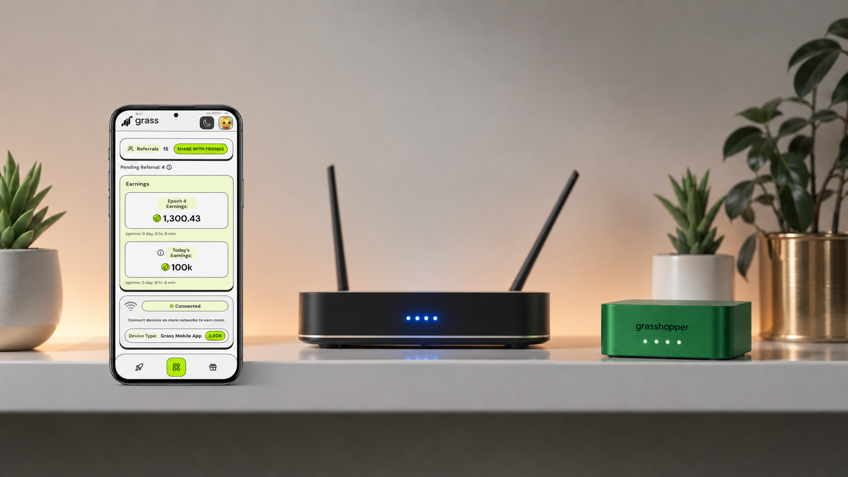 Home router and smartphone showing bandwidth sharing app controls and usage statistics