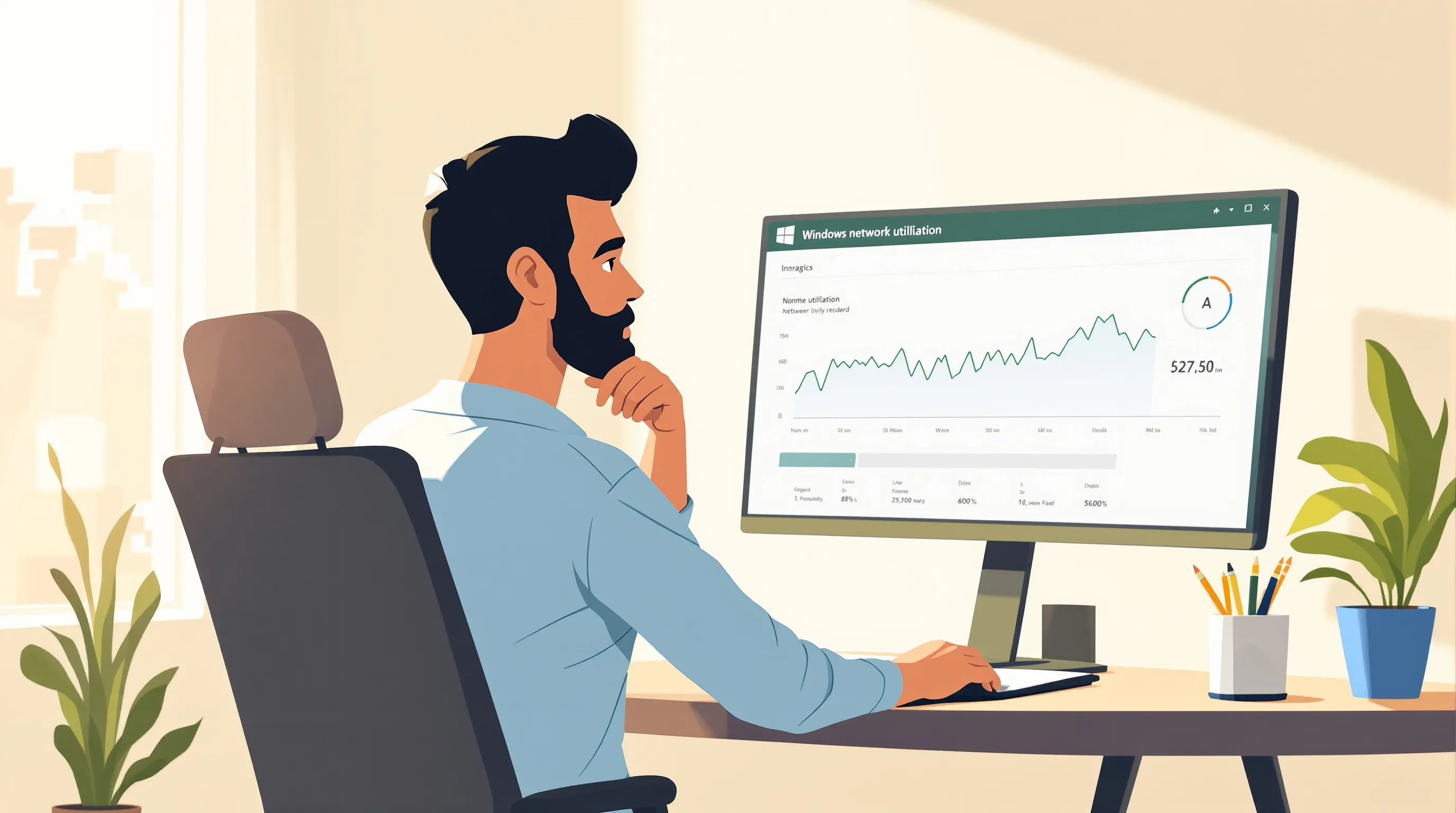 Remote worker at a desk with a secondary monitor showing a flat network utilization graph during an idle period of the workday