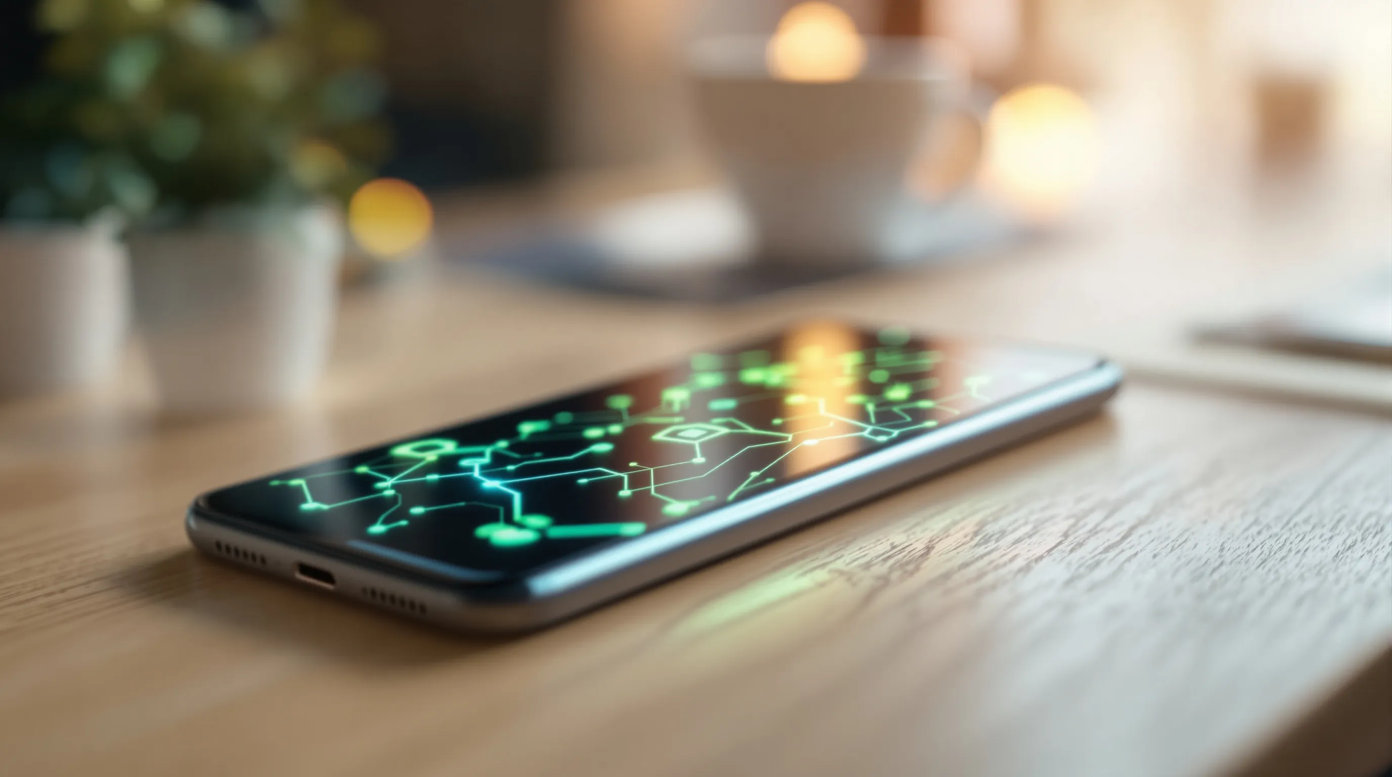Smartphone on a home desk showing abstract network connection patterns, representing the Grass node running quietly in the background.