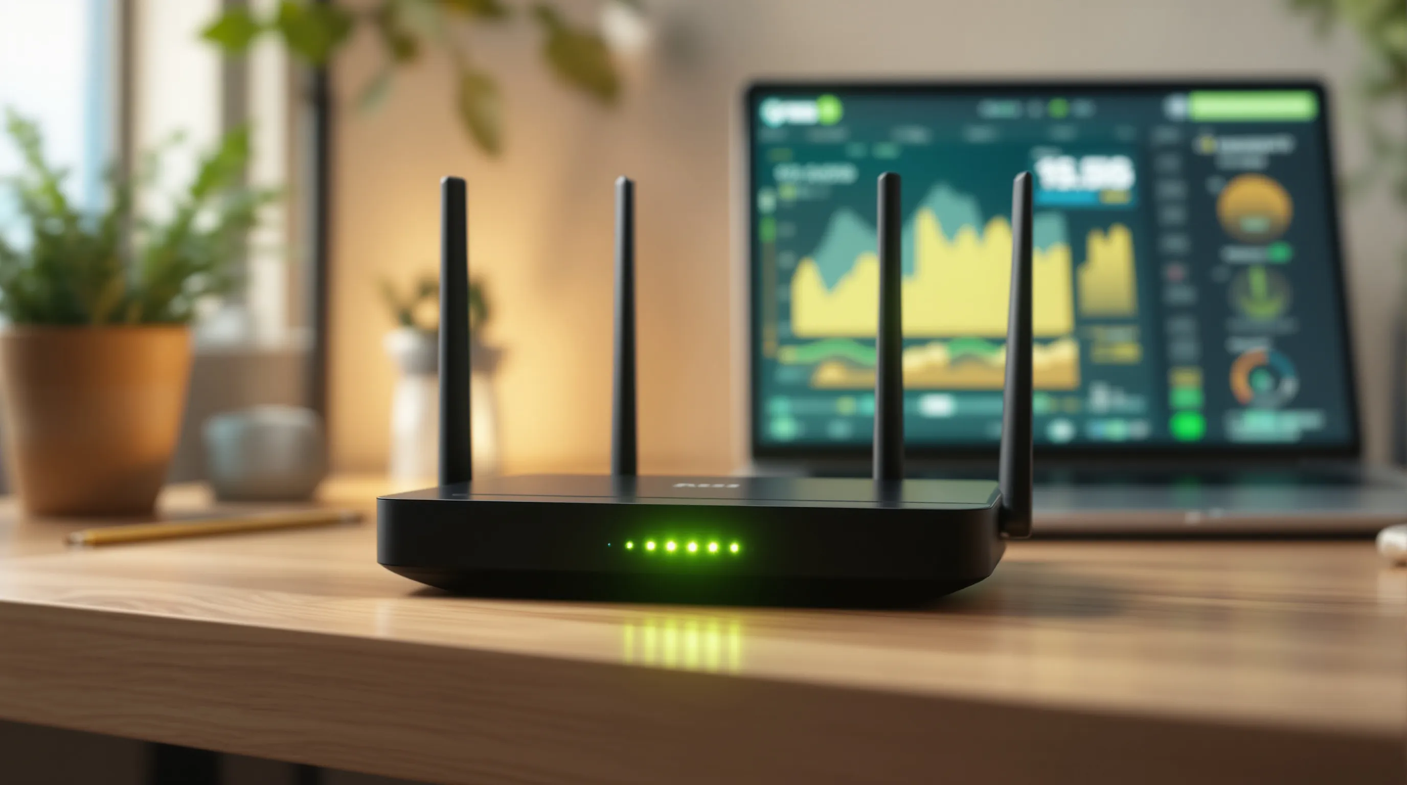 Home router with glowing status lights next to a laptop showing network uptime dashboard, representing stable residential bandwidth contribution to distributed networks