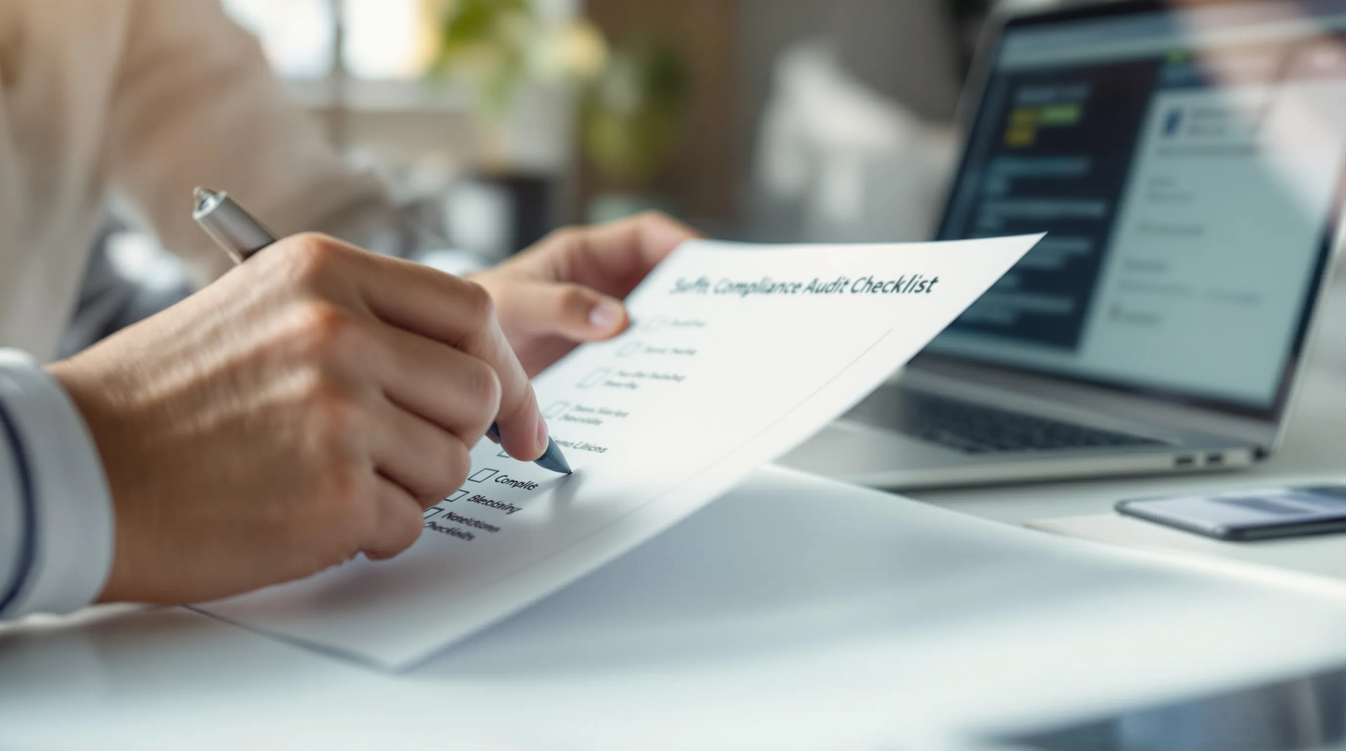 Person reviewing a software compliance audit checklist at a desk
