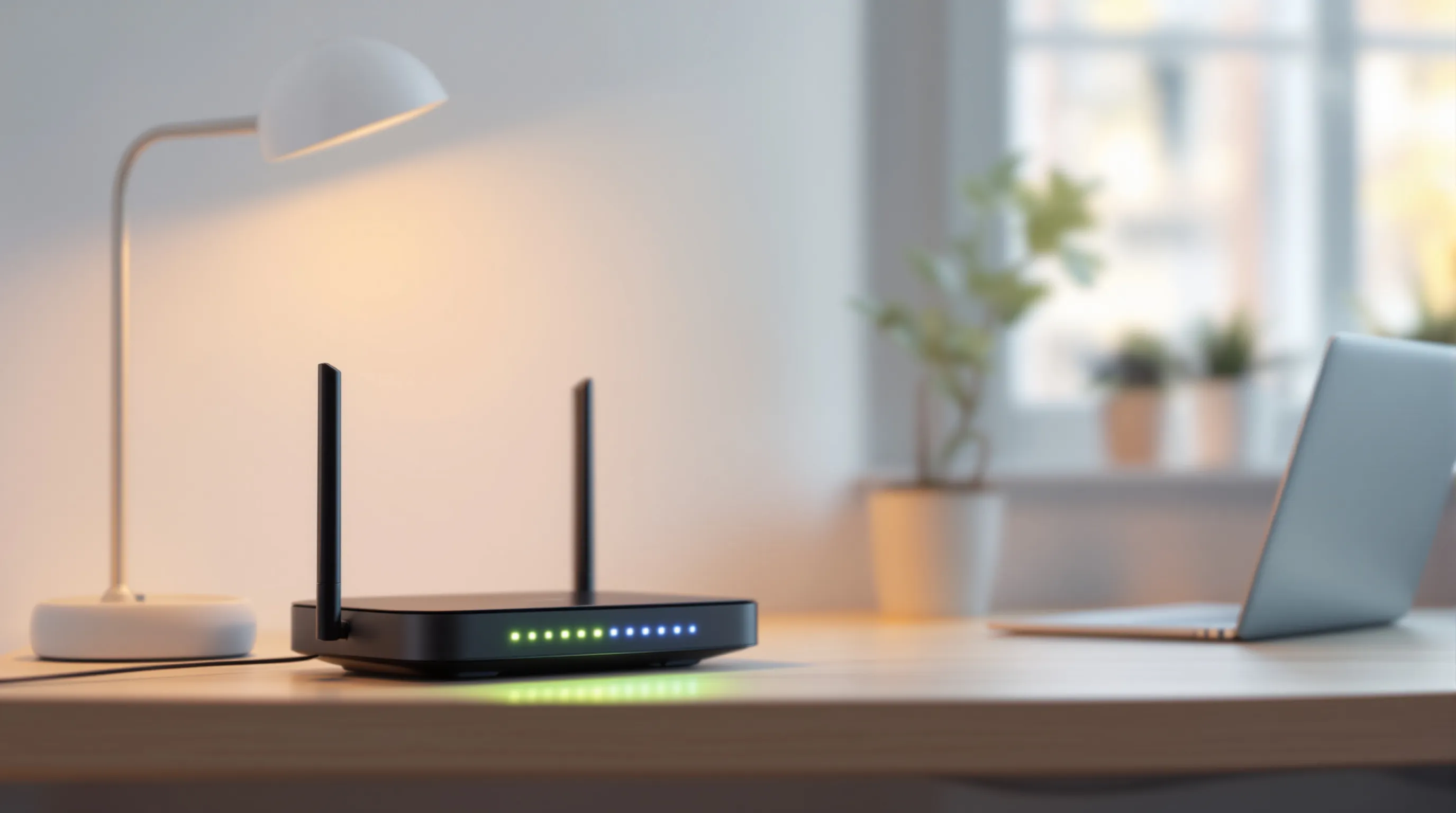 Wireless router glowing on a home office desk beside a laptop, representing idle internet bandwidth available for contribution to a distributed network.